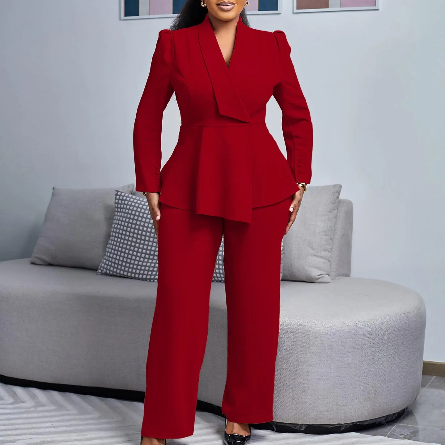 Sophisticated Peplum Blazer and Wide-Leg Pants Two-Piece Set