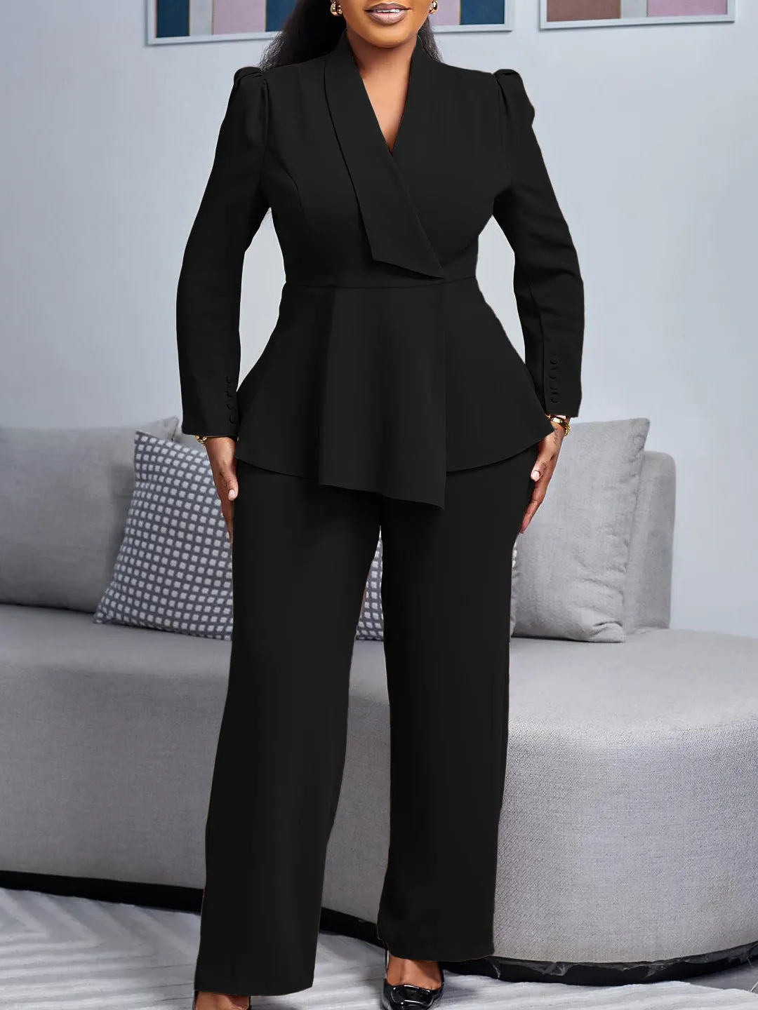 Sophisticated Peplum Blazer and Wide-Leg Pants Two-Piece Set