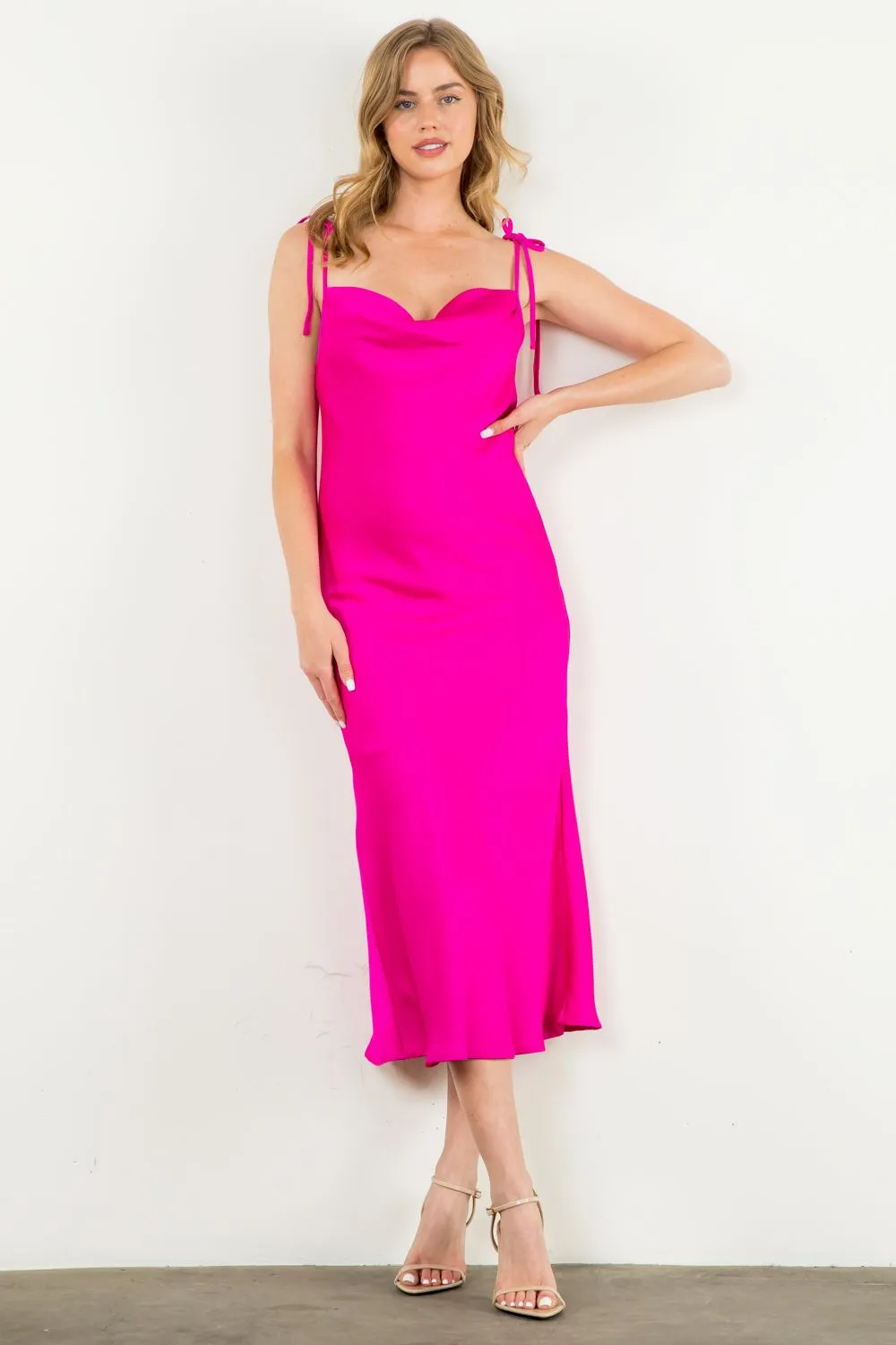 Spaghetti Strap Midi Dress in Fuschia