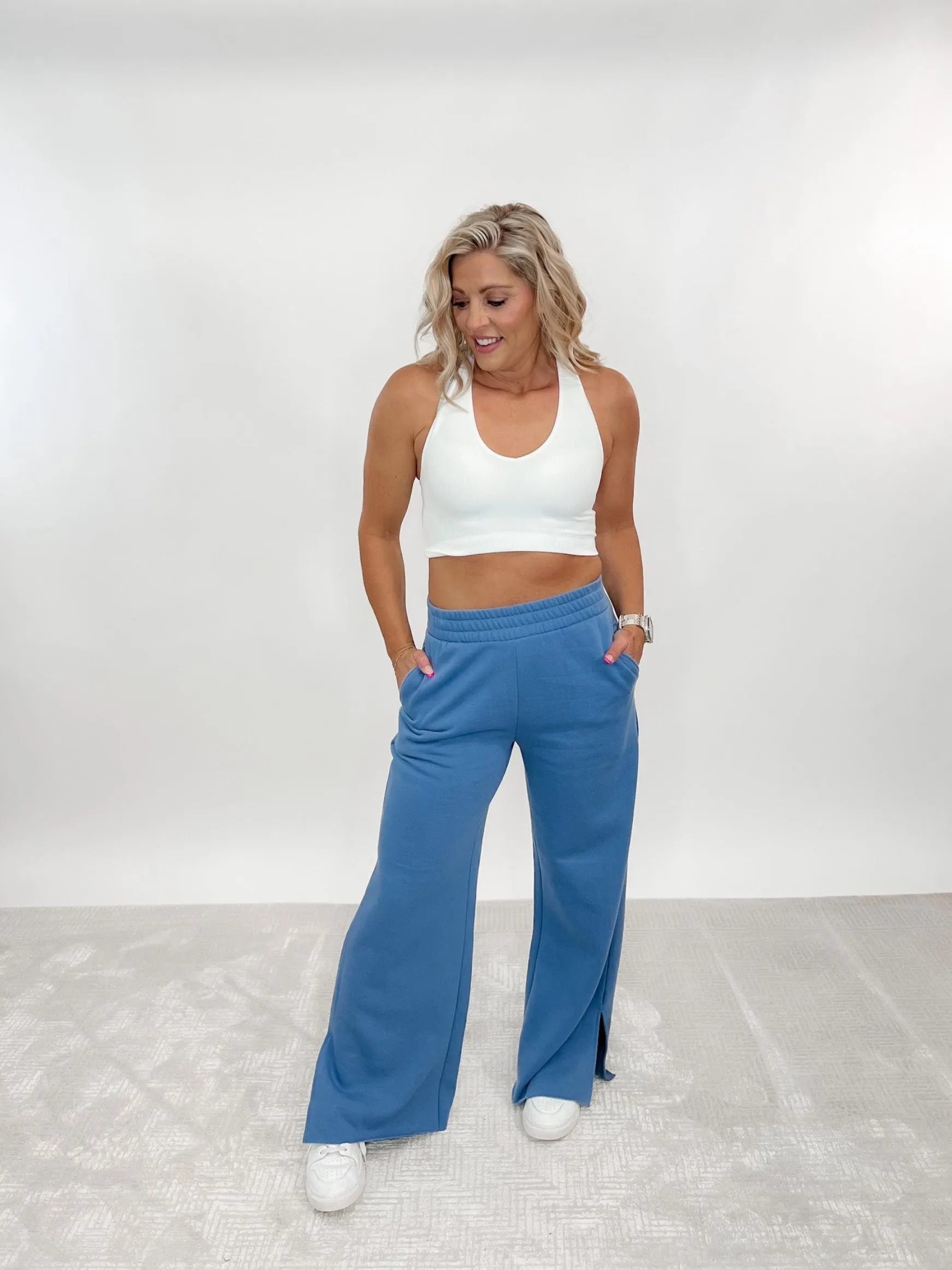 Split Decision Wide Leg Lounge Pants, Blue