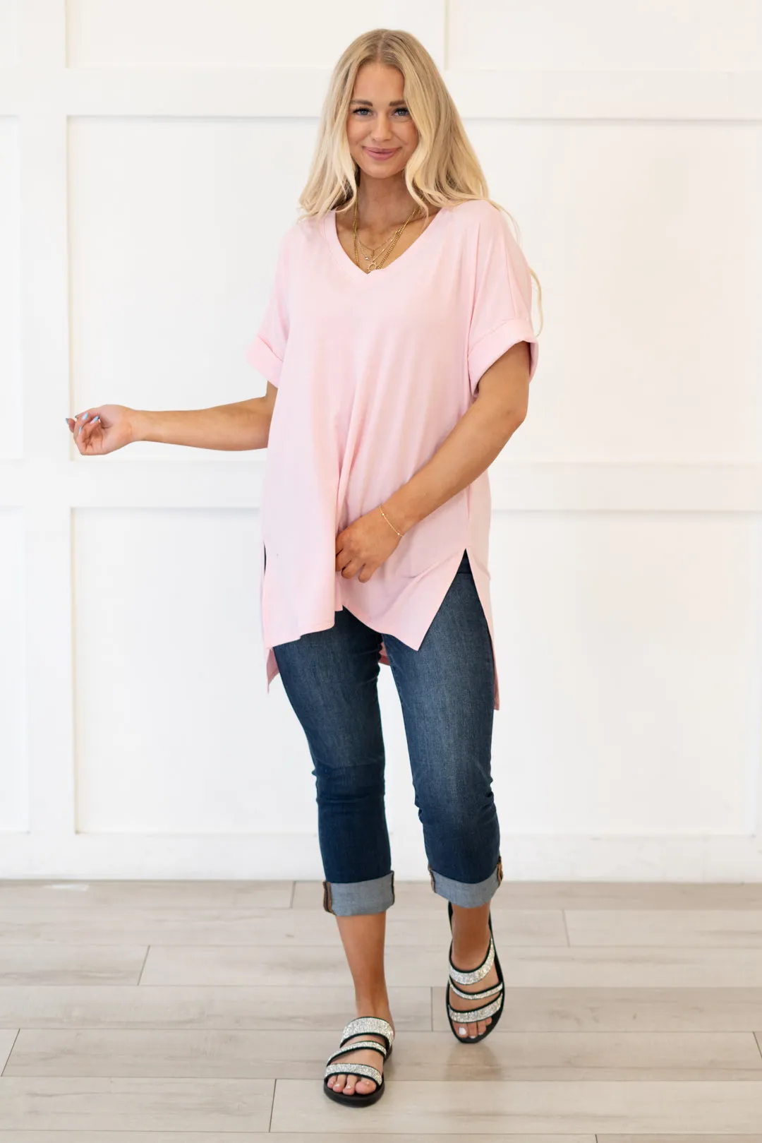 Springs Here! High Low Hem V Neck Top