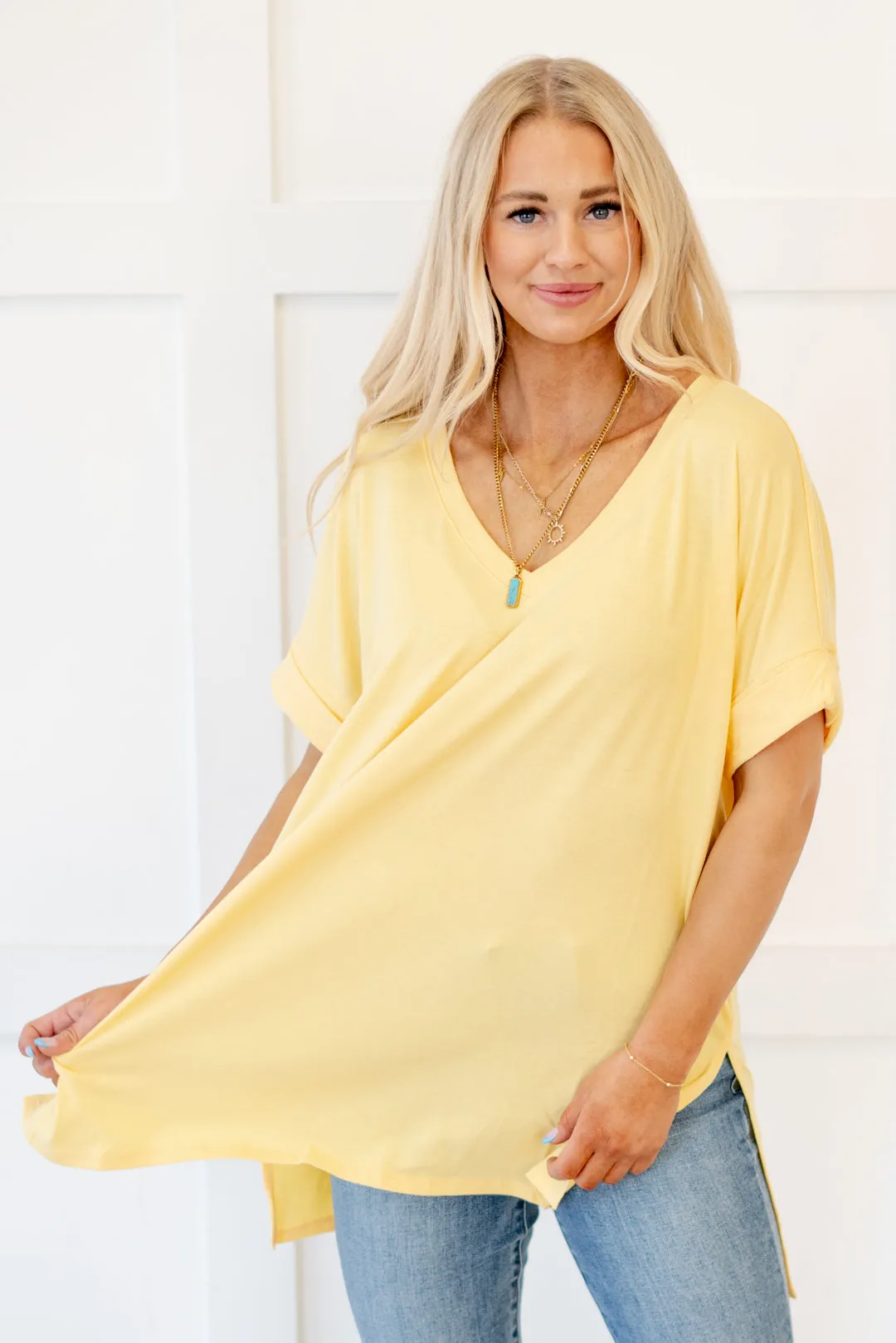 Springs Here! High Low Hem V Neck Top