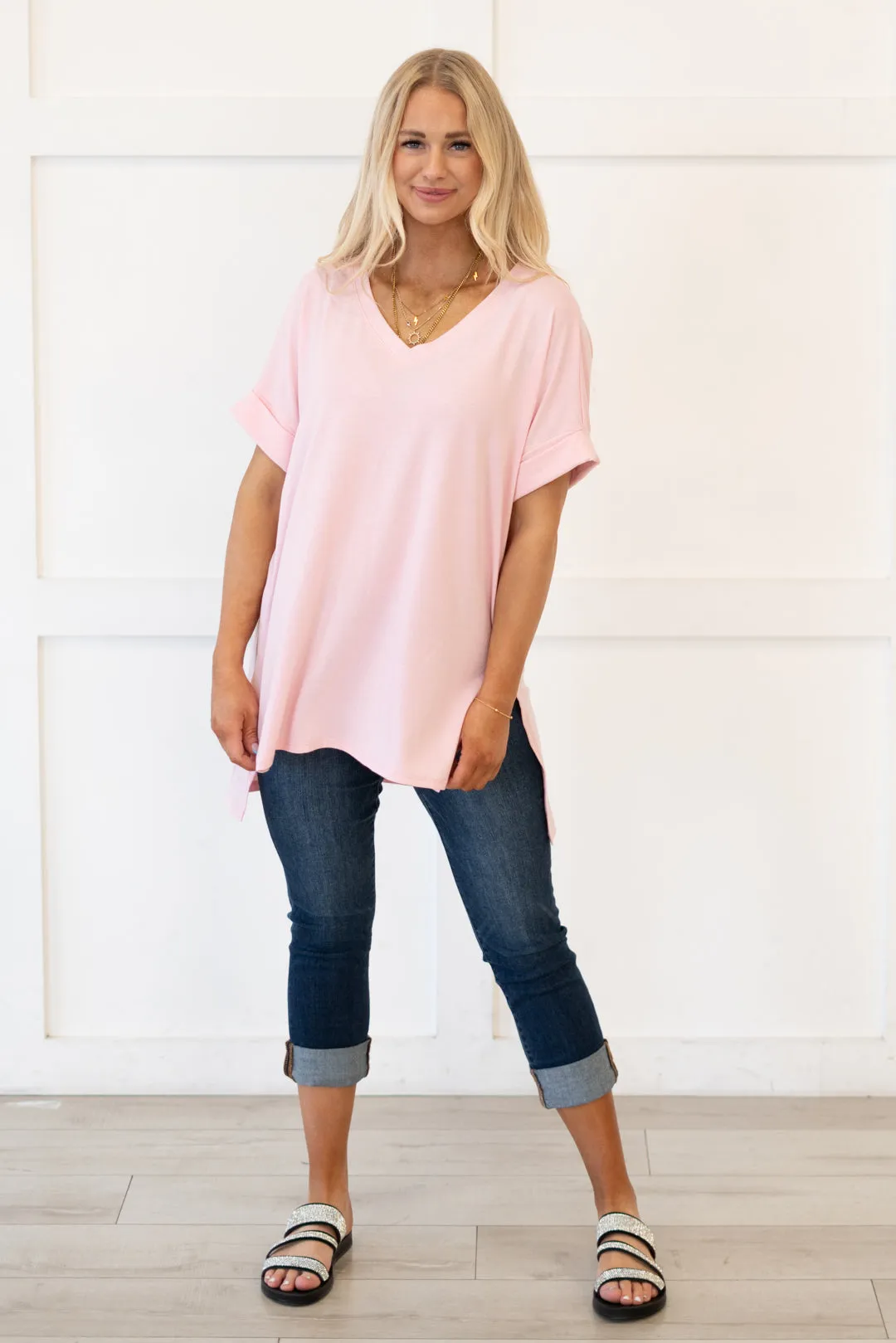 Springs Here! High Low Hem V Neck Top