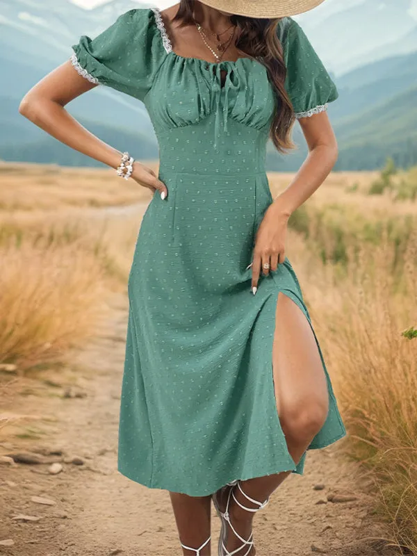 Square Neck Jacquard Midi Dress with Puff Sleeves and Slit