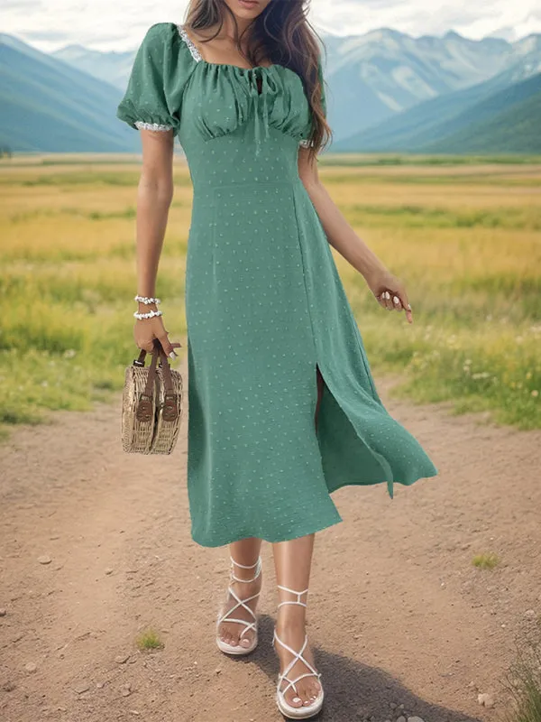 Square Neck Jacquard Midi Dress with Puff Sleeves and Slit