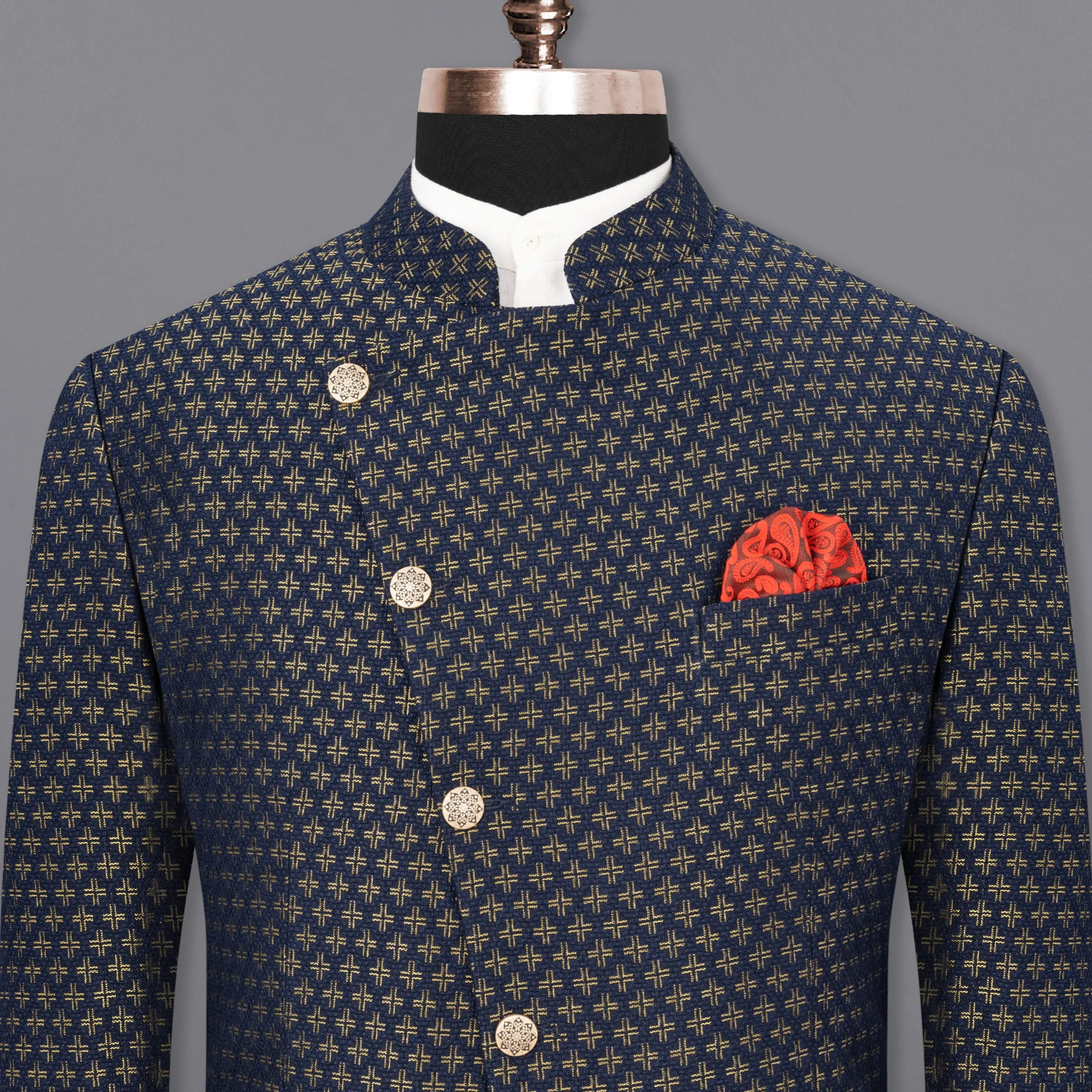 Stratos Blue Houndstooth Texture Cross Buttoned Bandhgala Blazer