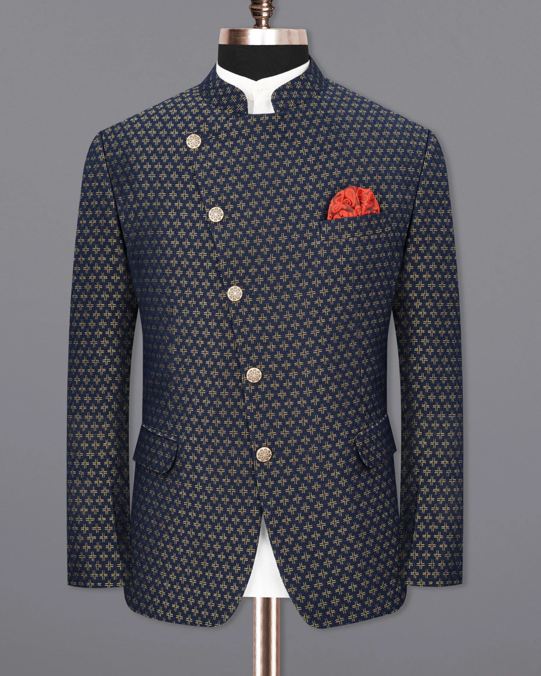 Stratos Blue Houndstooth Texture Cross Buttoned Bandhgala Blazer