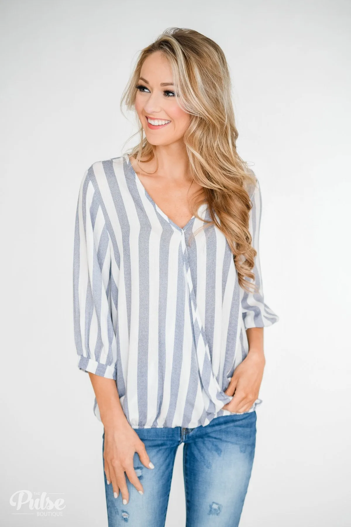Striped V-Neck Wrap Top - Ivory & Denim