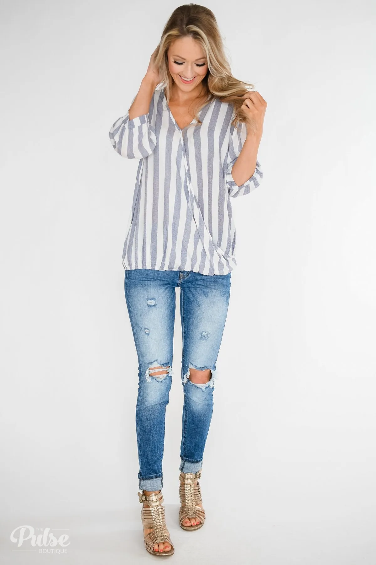 Striped V-Neck Wrap Top - Ivory & Denim