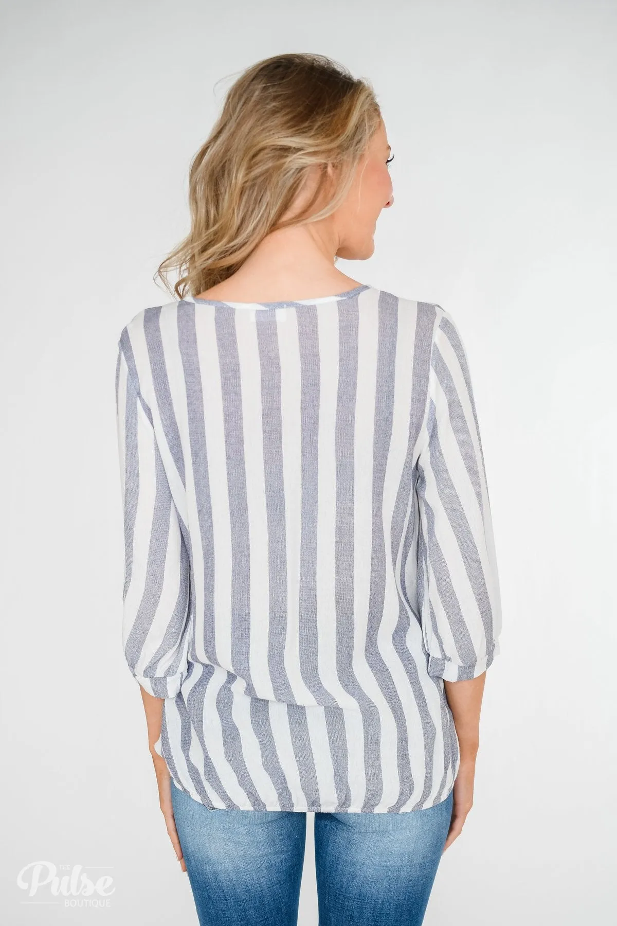 Striped V-Neck Wrap Top - Ivory & Denim