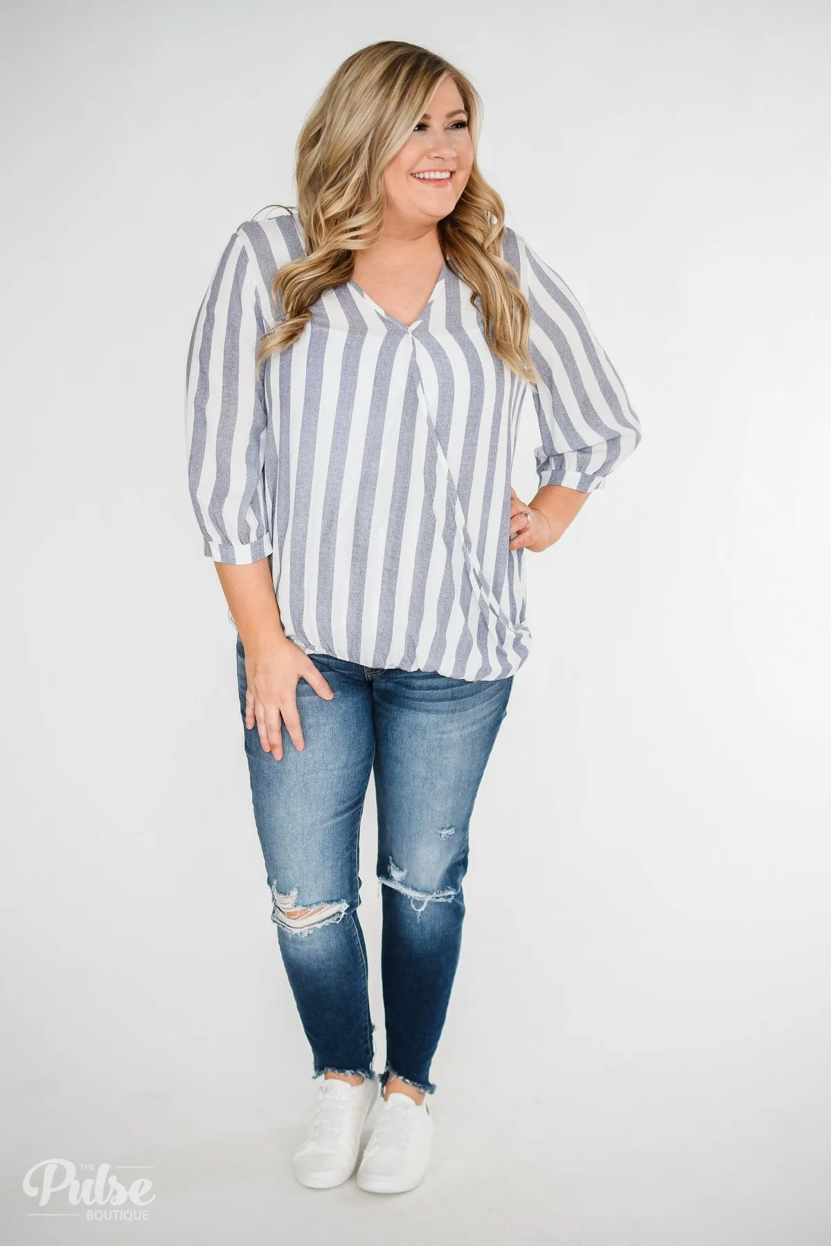 Striped V-Neck Wrap Top - Ivory & Denim