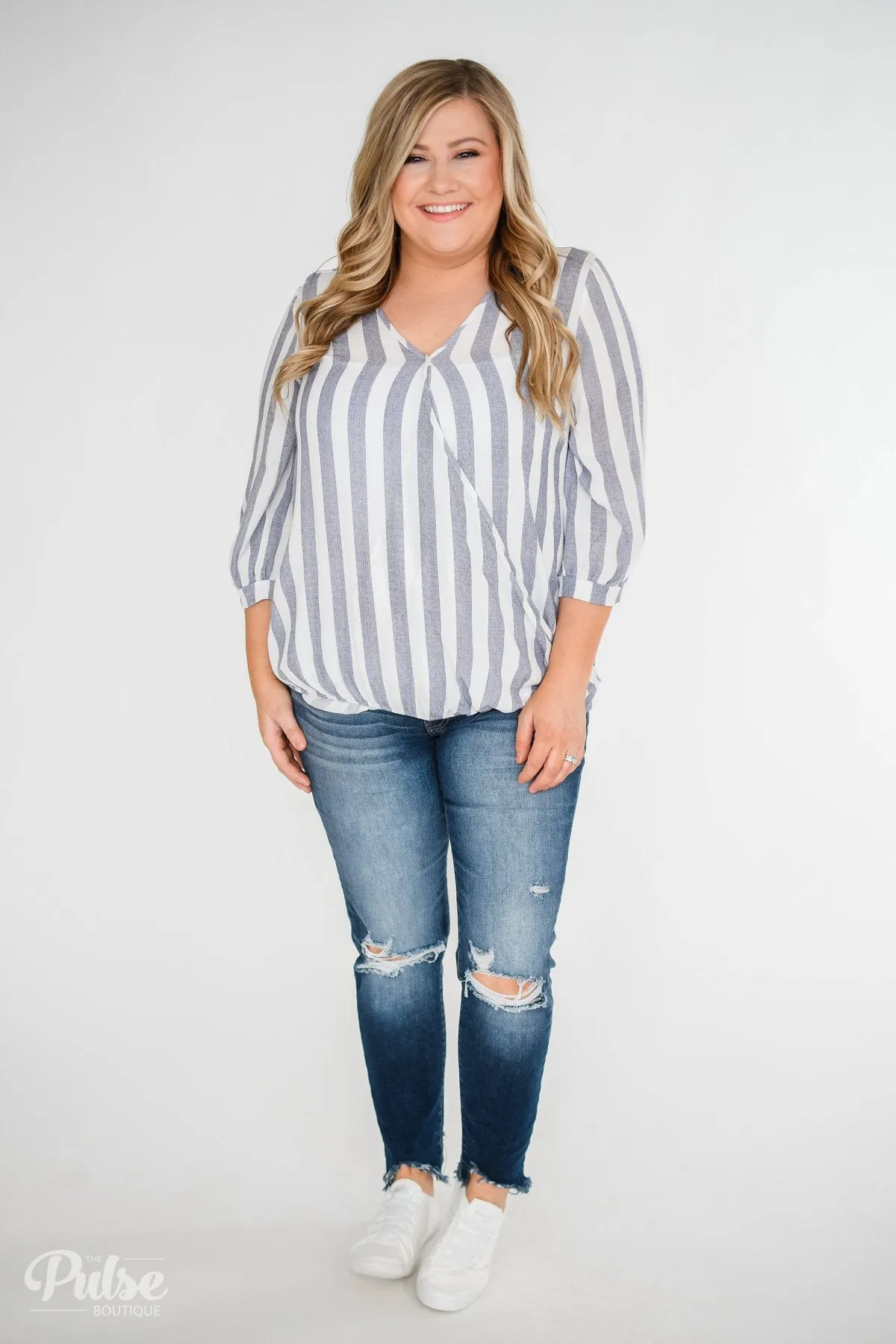 Striped V-Neck Wrap Top - Ivory & Denim