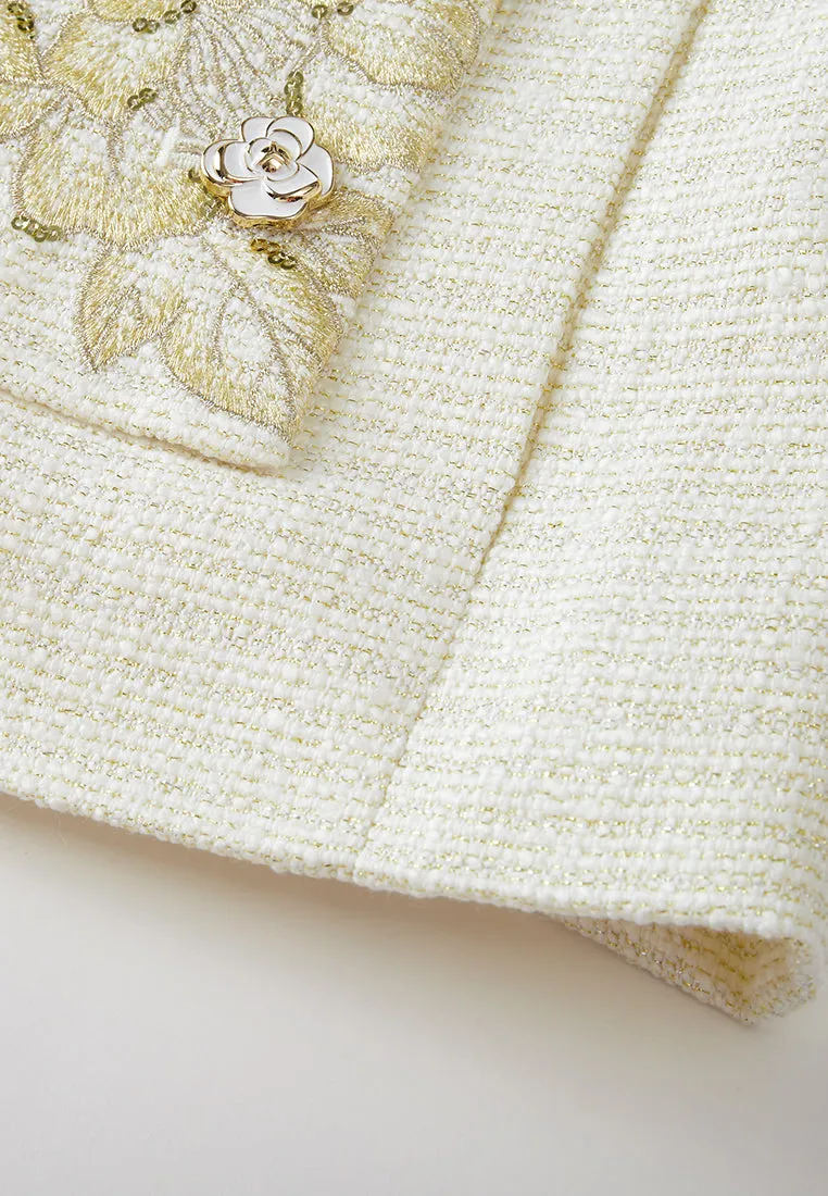 Stripped Stand-collar Floral-embroidery Lurex-detail Tweed Jacket