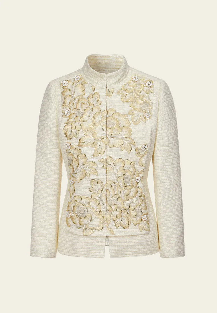 Stripped Stand-collar Floral-embroidery Lurex-detail Tweed Jacket