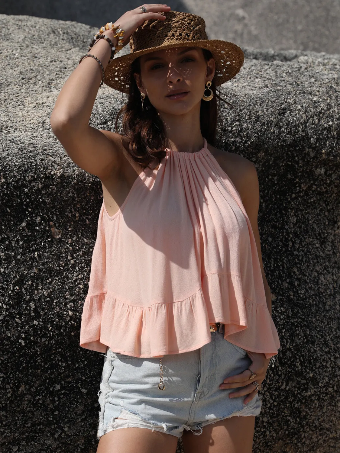 Stylish Ruched Peplum Round Neck Tank for Women