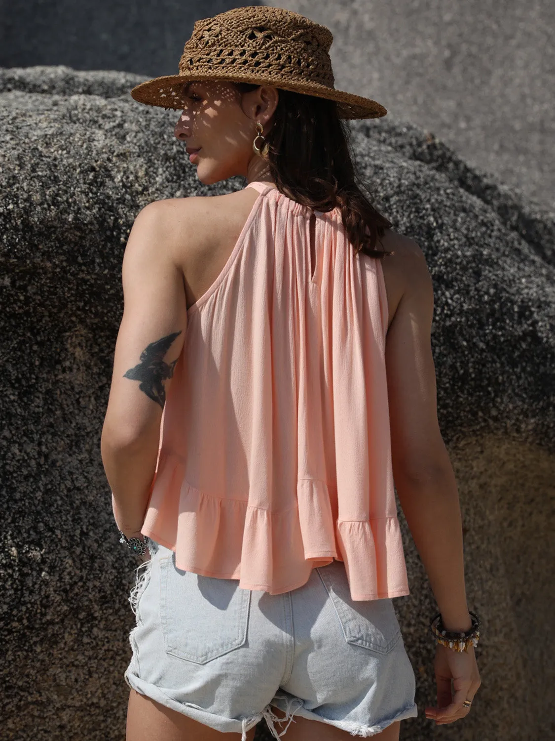Stylish Ruched Peplum Round Neck Tank for Women