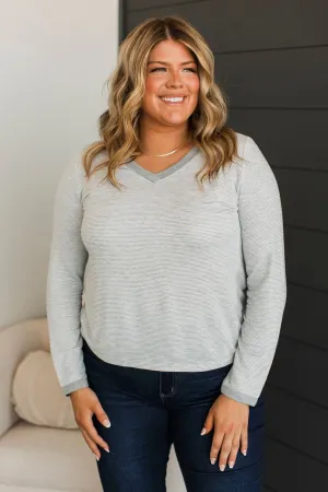 Sweetest Days Striped V-Neck Top- Heather Grey