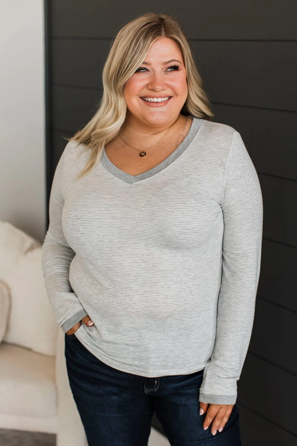 Sweetest Days Striped V-Neck Top- Heather Grey