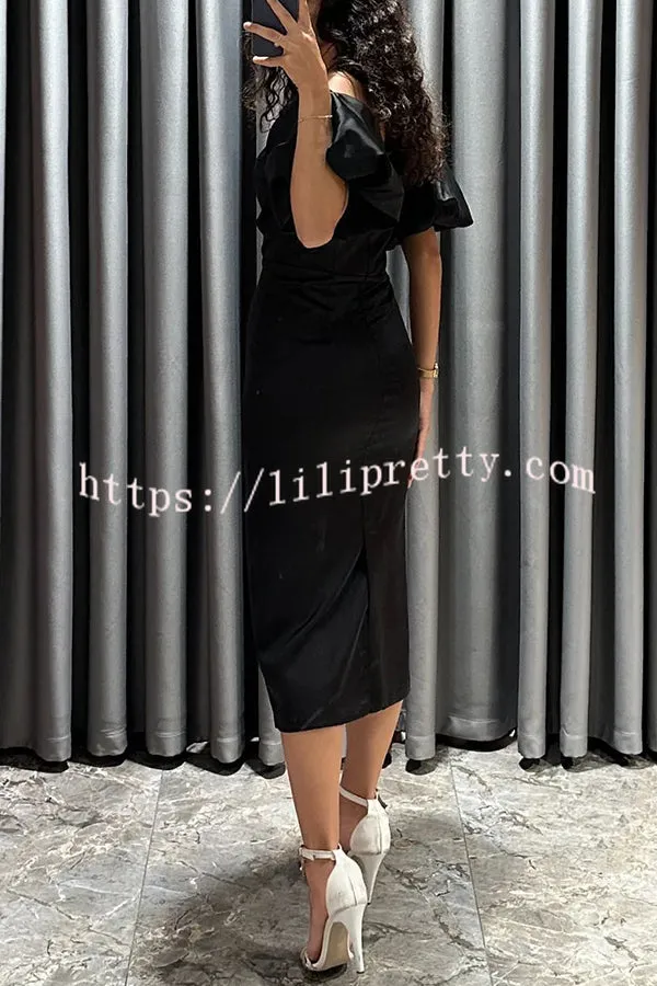 Talk Sweetly Satin Puff Sleeve Ruched Bust Formal Midi Dress