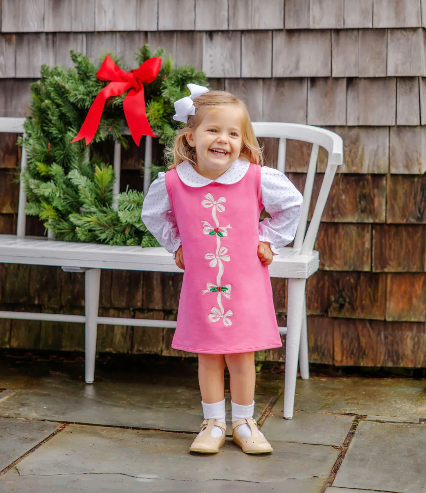 TBBC: Annie Apron Dress - Romany Rose with Bows & Holly Appliques