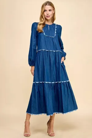 TCEC Scalloped Detail Denim Midi Dress