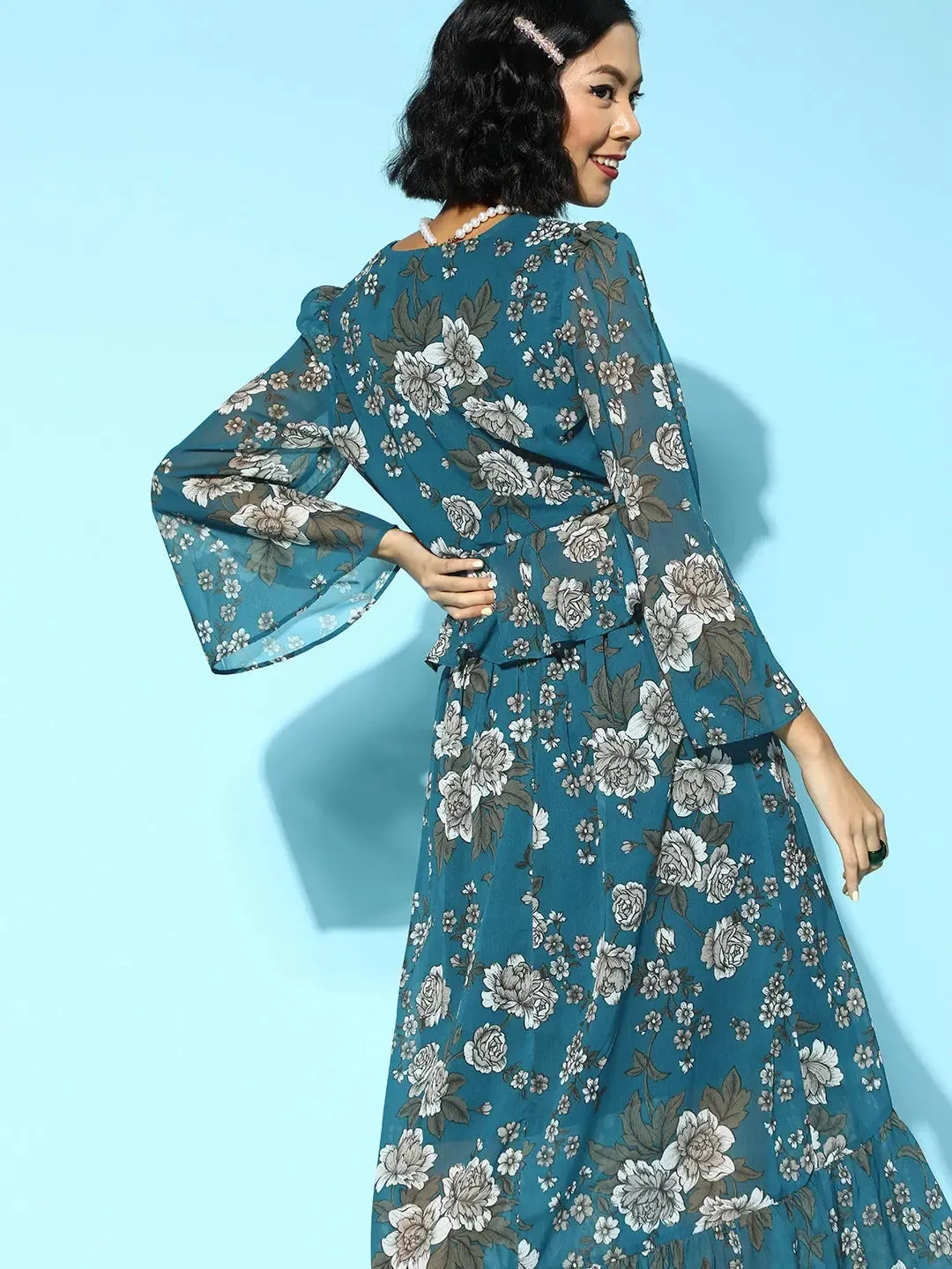 Teal Blue Floral Bell Sleeve Peplum Crop Top