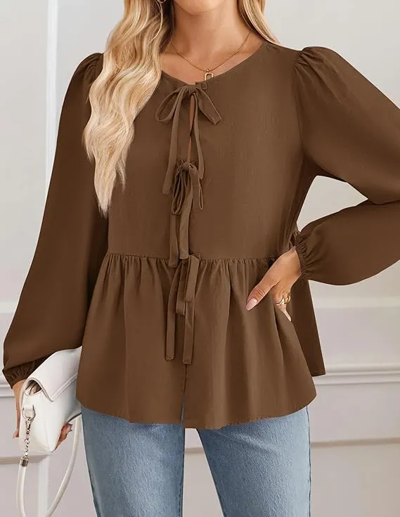 TIE PEPLUM LS BLOUSE