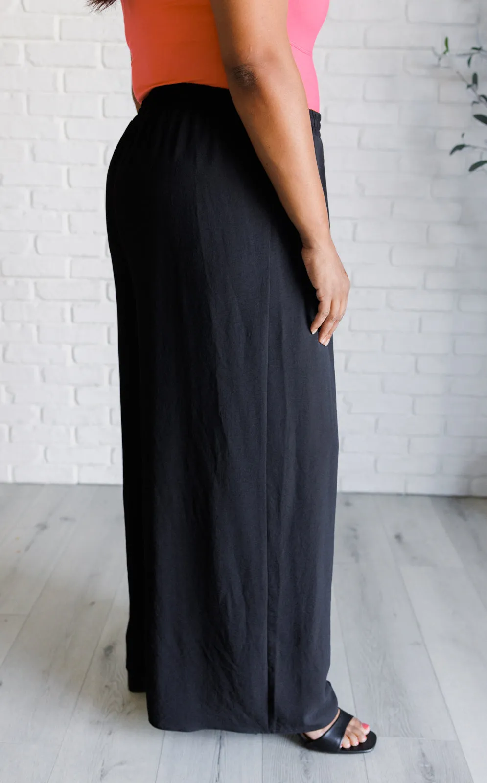 Toni Wide Leg Pants - Black, Crinkle Woven, Elastic Waistband, Drawstring