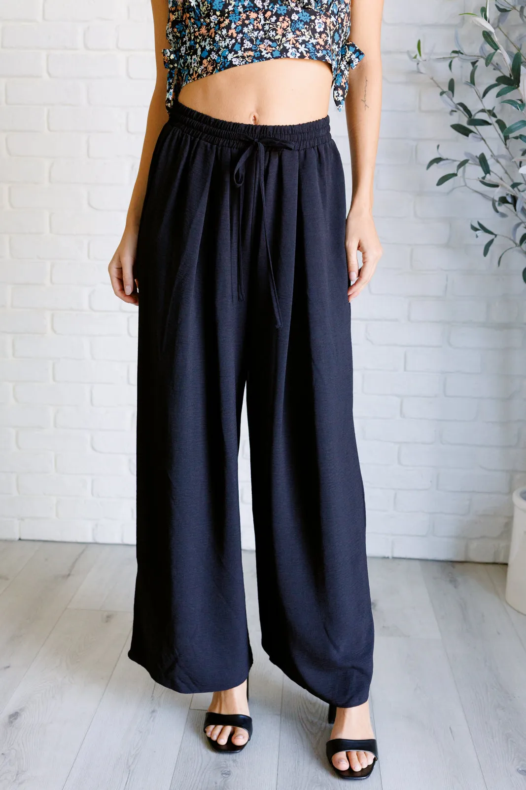 Toni Wide Leg Pants - Black, Crinkle Woven, Elastic Waistband, Drawstring