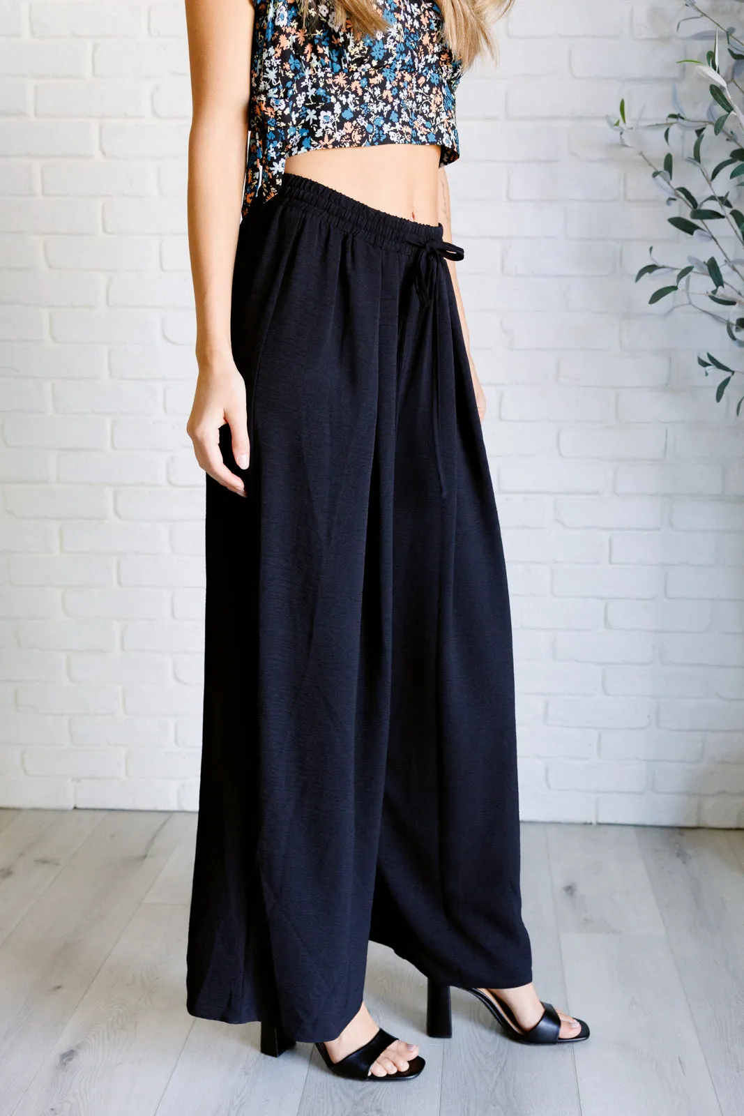 Toni Wide Leg Pants - Black, Crinkle Woven, Elastic Waistband, Drawstring