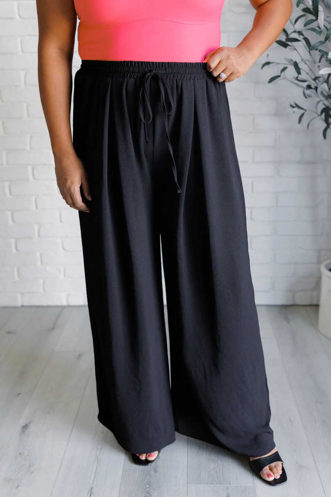 Toni Wide Leg Pants - Black, Crinkle Woven, Elastic Waistband, Drawstring