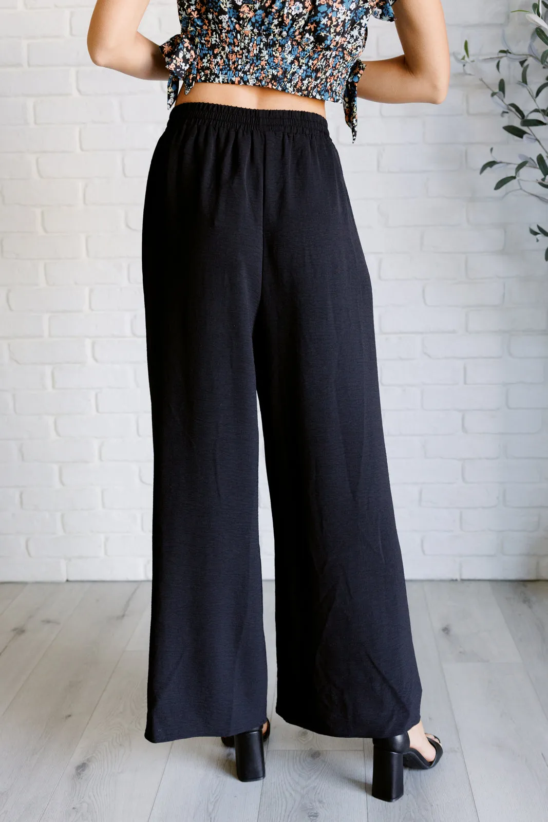 Toni Wide Leg Pants - Black, Crinkle Woven, Elastic Waistband, Drawstring