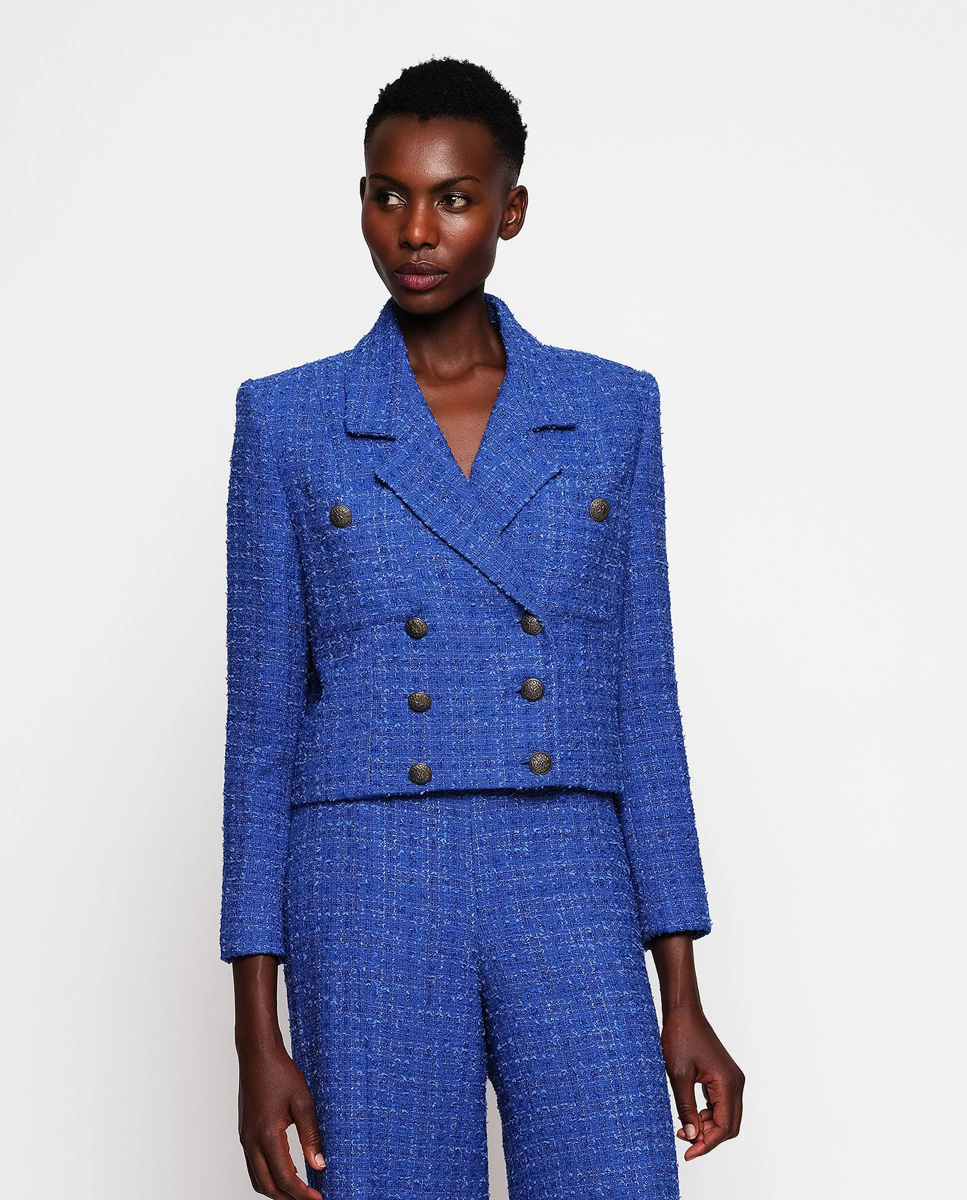 Traje azul de tweed brillante