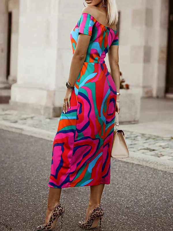 Tropical Print One-Shoulder Midi Dress with Tulip Skirt
