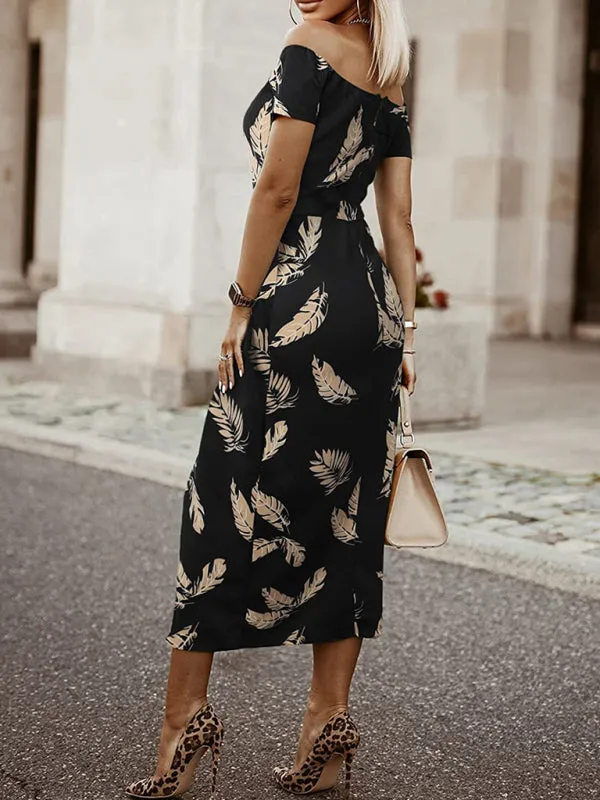Tropical Print One-Shoulder Midi Dress with Tulip Skirt