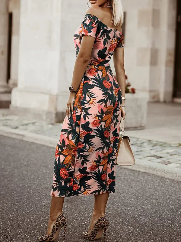 Tropical Print One-Shoulder Midi Dress with Tulip Skirt