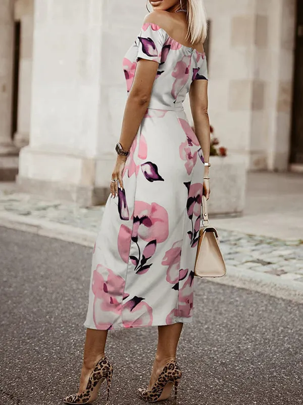 Tropical Print One-Shoulder Midi Dress with Tulip Skirt
