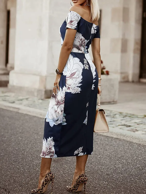 Tropical Print One-Shoulder Midi Dress with Tulip Skirt
