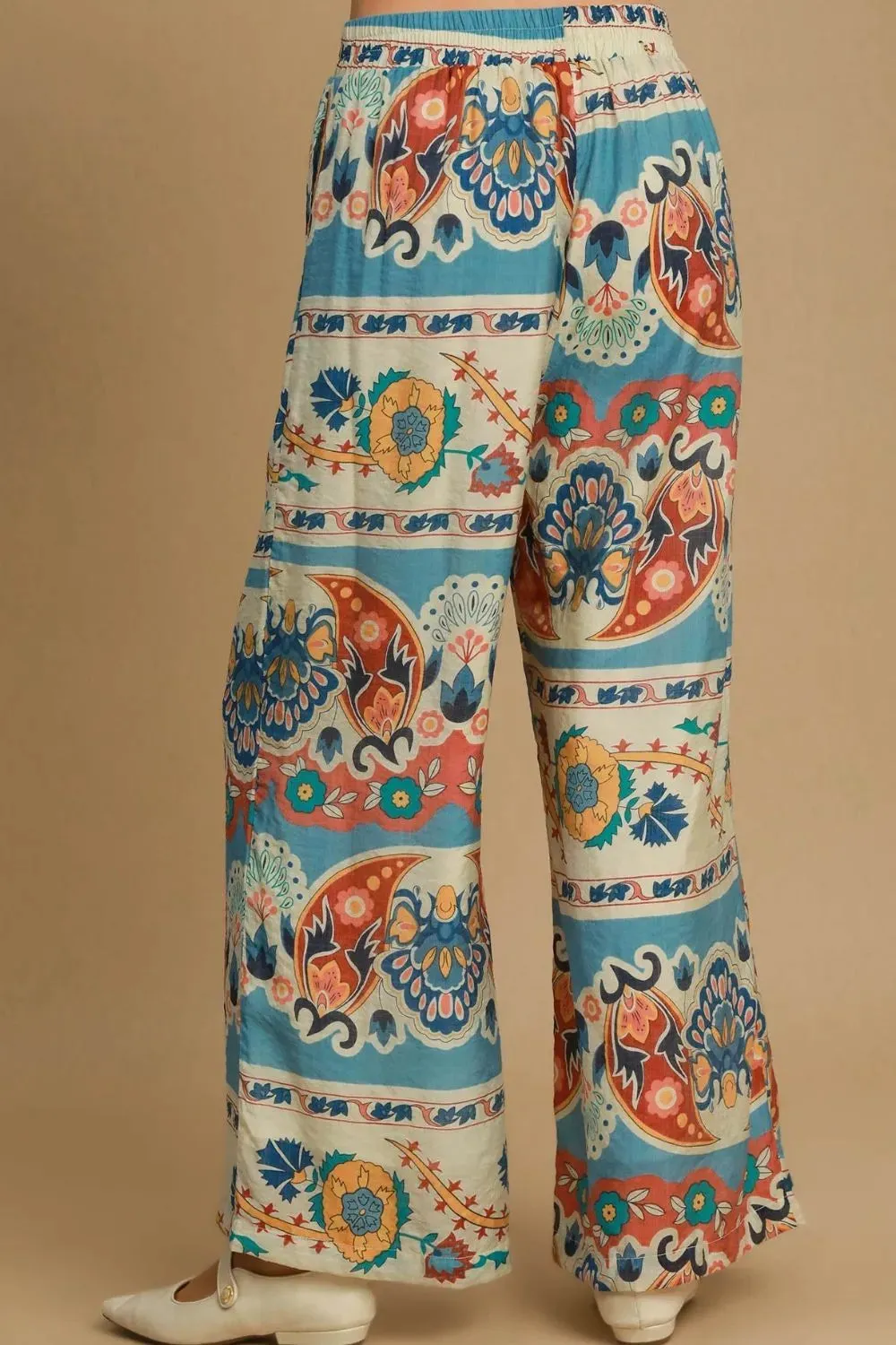 Umgee Wide Leg Border Print Pants