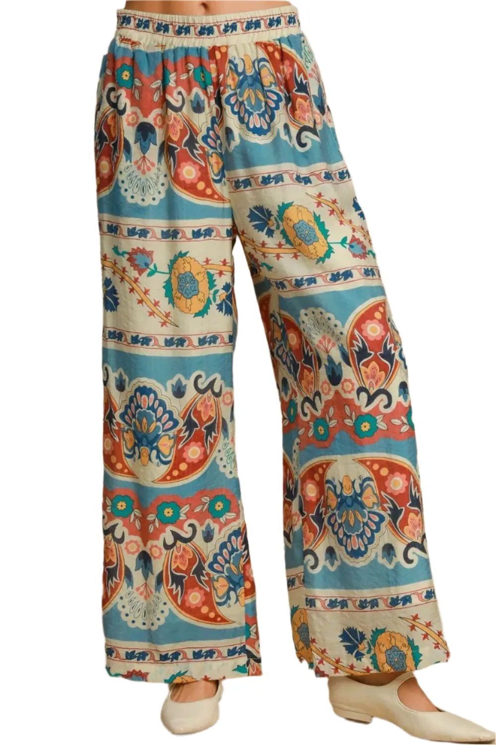 Umgee Wide Leg Border Print Pants