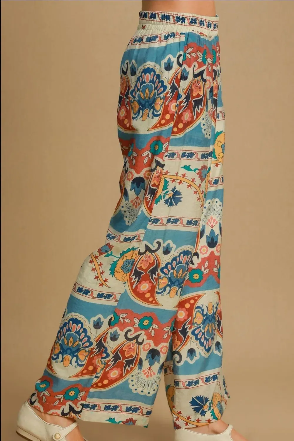 Umgee Wide Leg Border Print Pants