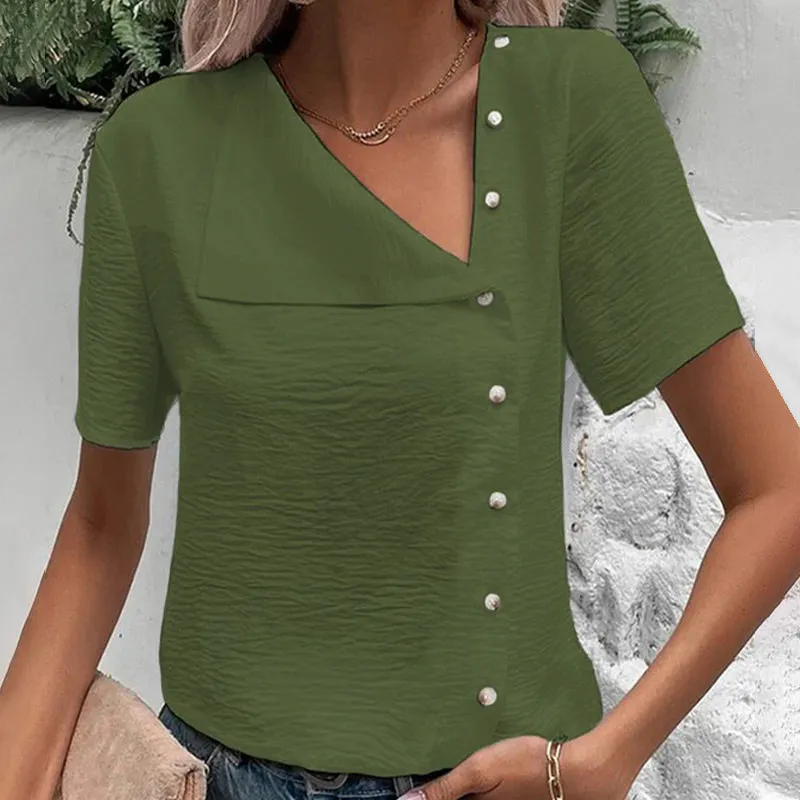 Unique Soft Irregular V-Neck Button Down Tops