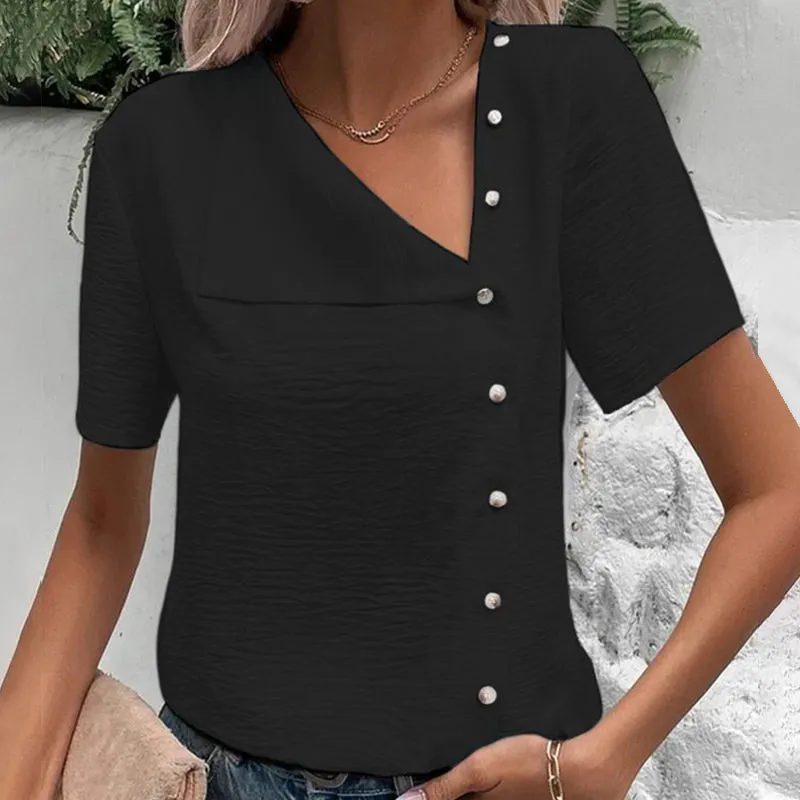 Unique Soft Irregular V-Neck Button Down Tops