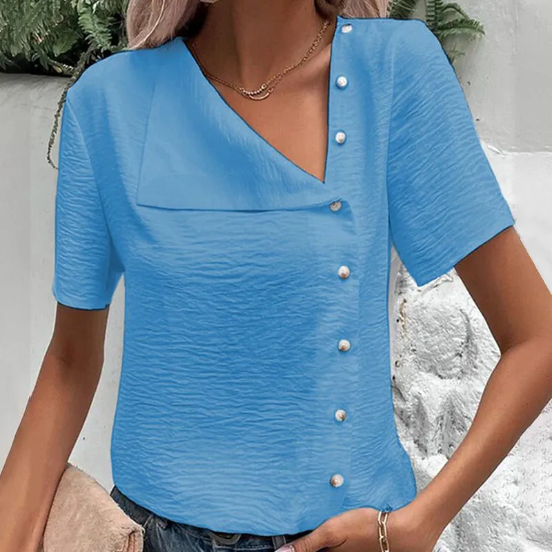 Unique Soft Irregular V-Neck Button Down Tops