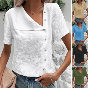 Unique Soft Irregular V-Neck Button Down Tops