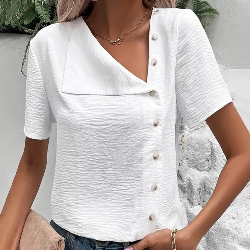 Unique Soft Irregular V-Neck Button Down Tops