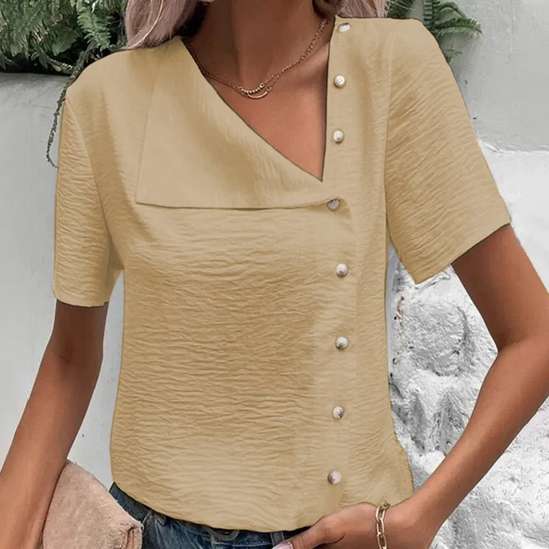 Unique Soft Irregular V-Neck Button Down Tops