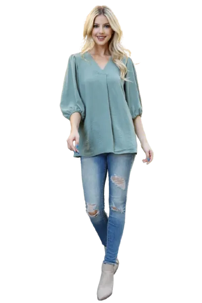 V Neck Band Elastic Tunnel Sleeve Woven Top Olive - Pack of 6