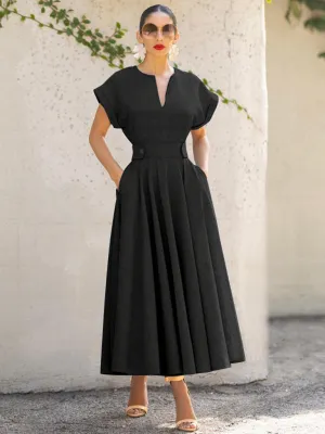 V-Neck Maxi Dress with Wrapped Sleeves and Pleated Skirt