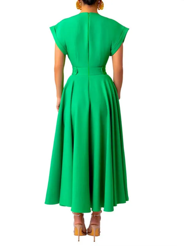 V-Neck Maxi Dress with Wrapped Sleeves and Pleated Skirt